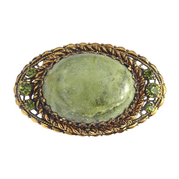 Vintage Nephrite Jade Brass Brooch Large Oval Cabochon with Green Glass Stones - Picture 1 of 5